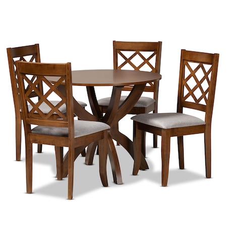 Baxton Studio Beth Grey Upholstered and Walnut Wood 5-Piece Dining Set 173-9874-10901